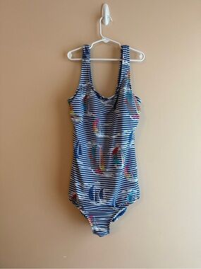 Lands' End Navy & White Striped Swimsuit with Colorful Sail Detail